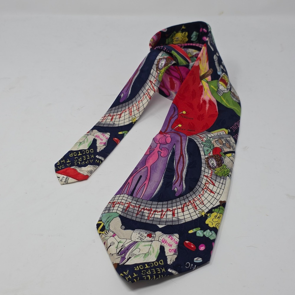 Nicole Miller 1992 Vintage Medical Doctor Silk Tie Navy Blue Whimsical Print